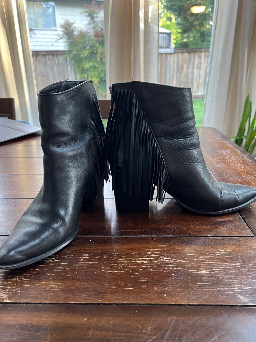 Steve Madden Heeled Black Fringe Leather Ankle Boots - Women's